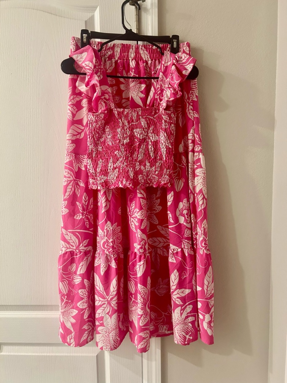 Women’s Pink Floral Top With Ruffle Straps and Skirt Set Size L/XL